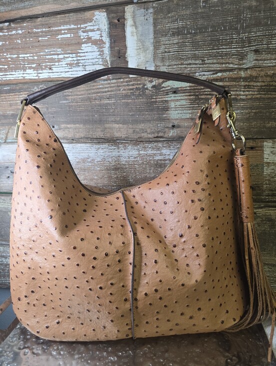 G.I.L.I. Handbags - G.I.L.I. Ostrich Embossed Leather Hobo Bag With Tassel, Like New